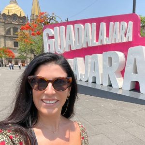 american woman in front of Guadalajara cathedral
